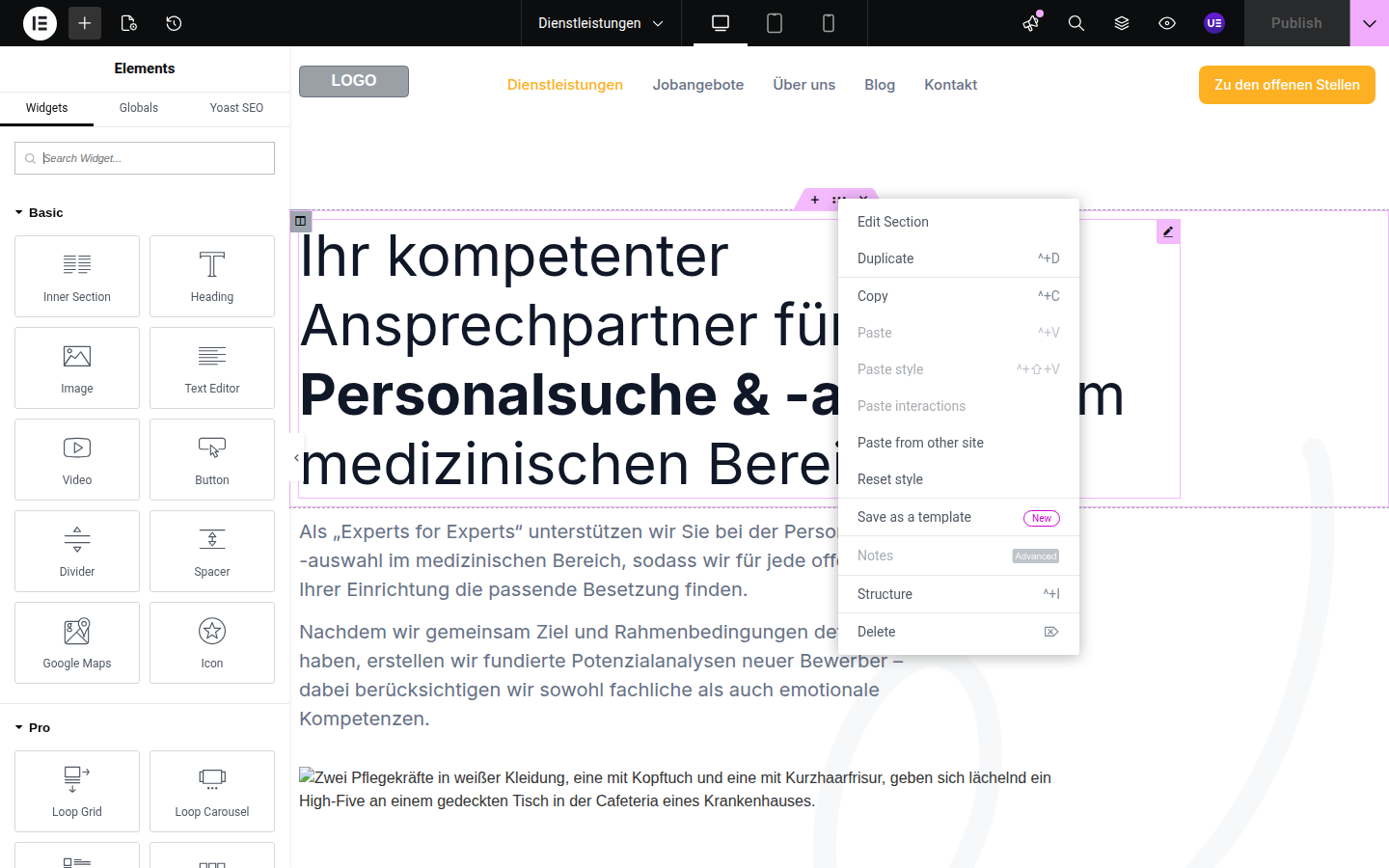 Elementor editor with a section right-clicked, showing the context menu with Copy