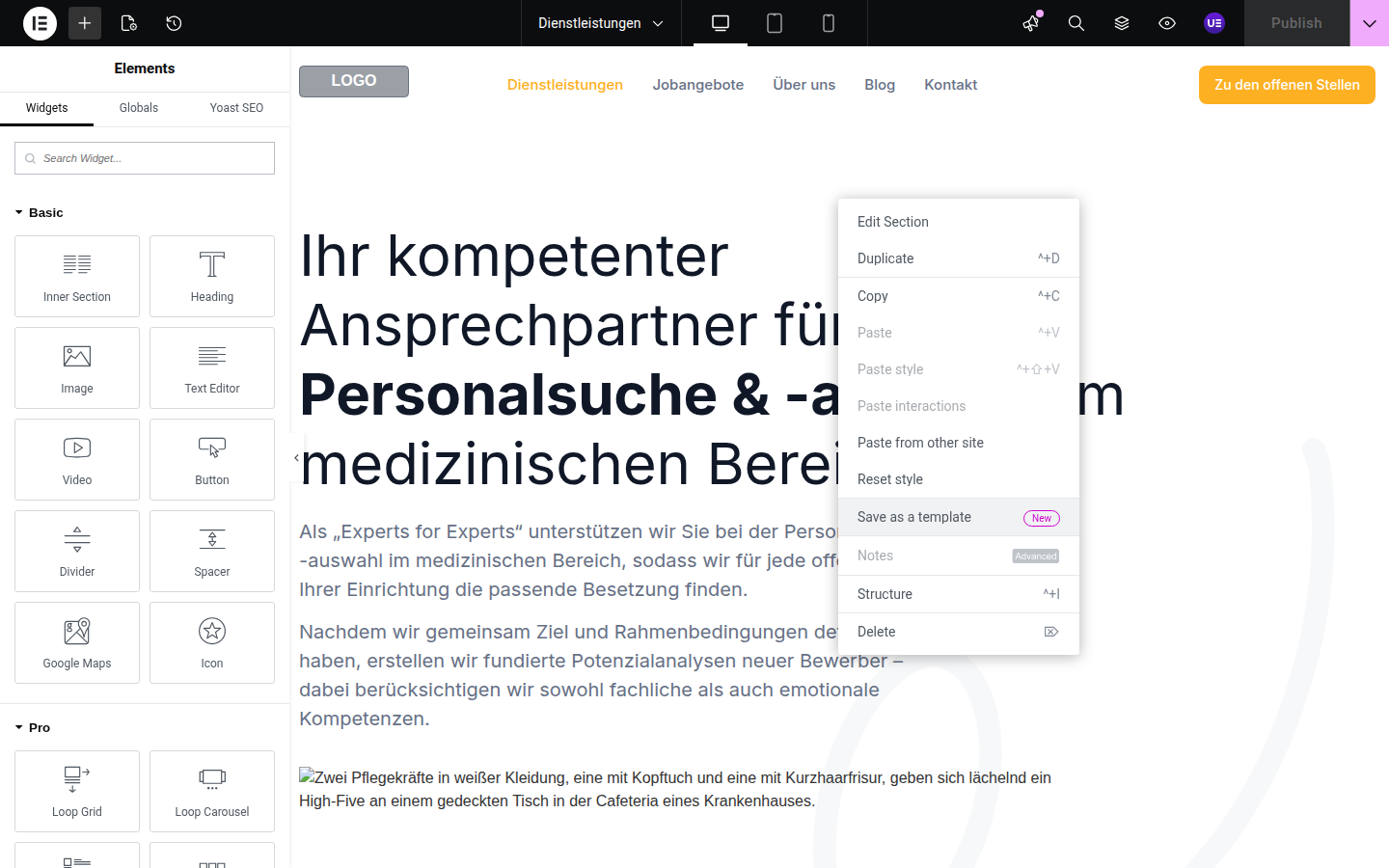 Elementor context menu with Save as a template highlighted