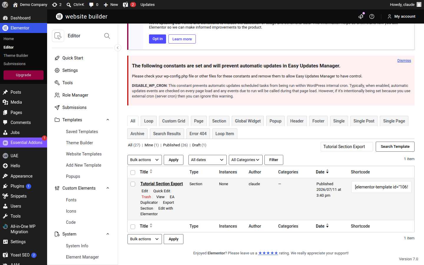 WordPress admin Saved Templates list with the Export row action visible on hover