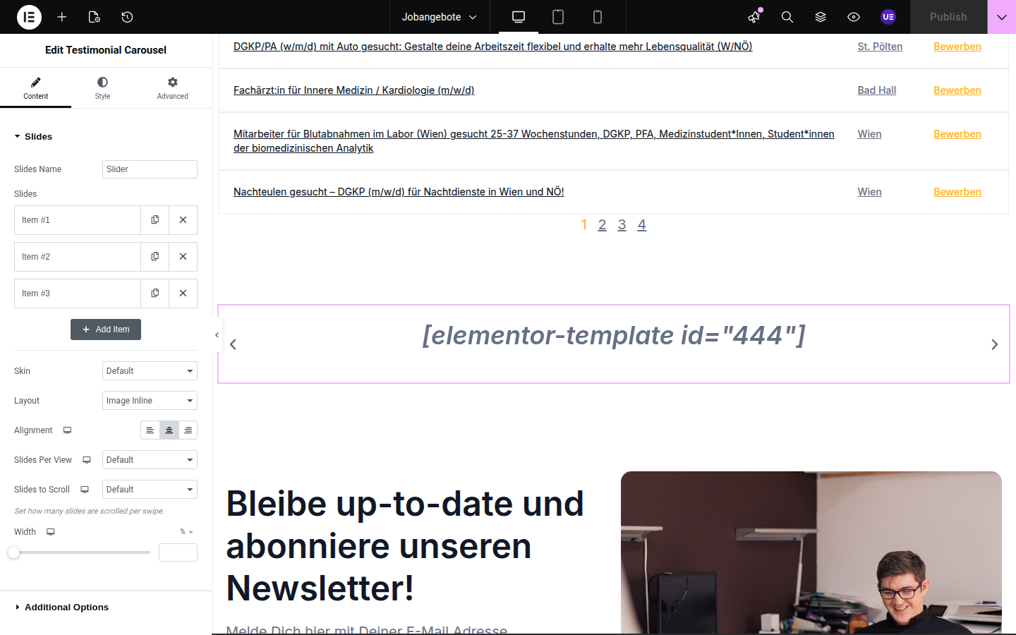 Elementor editor with a widget selected showing the unrendered [elementor-template id] shortcode instead of its content