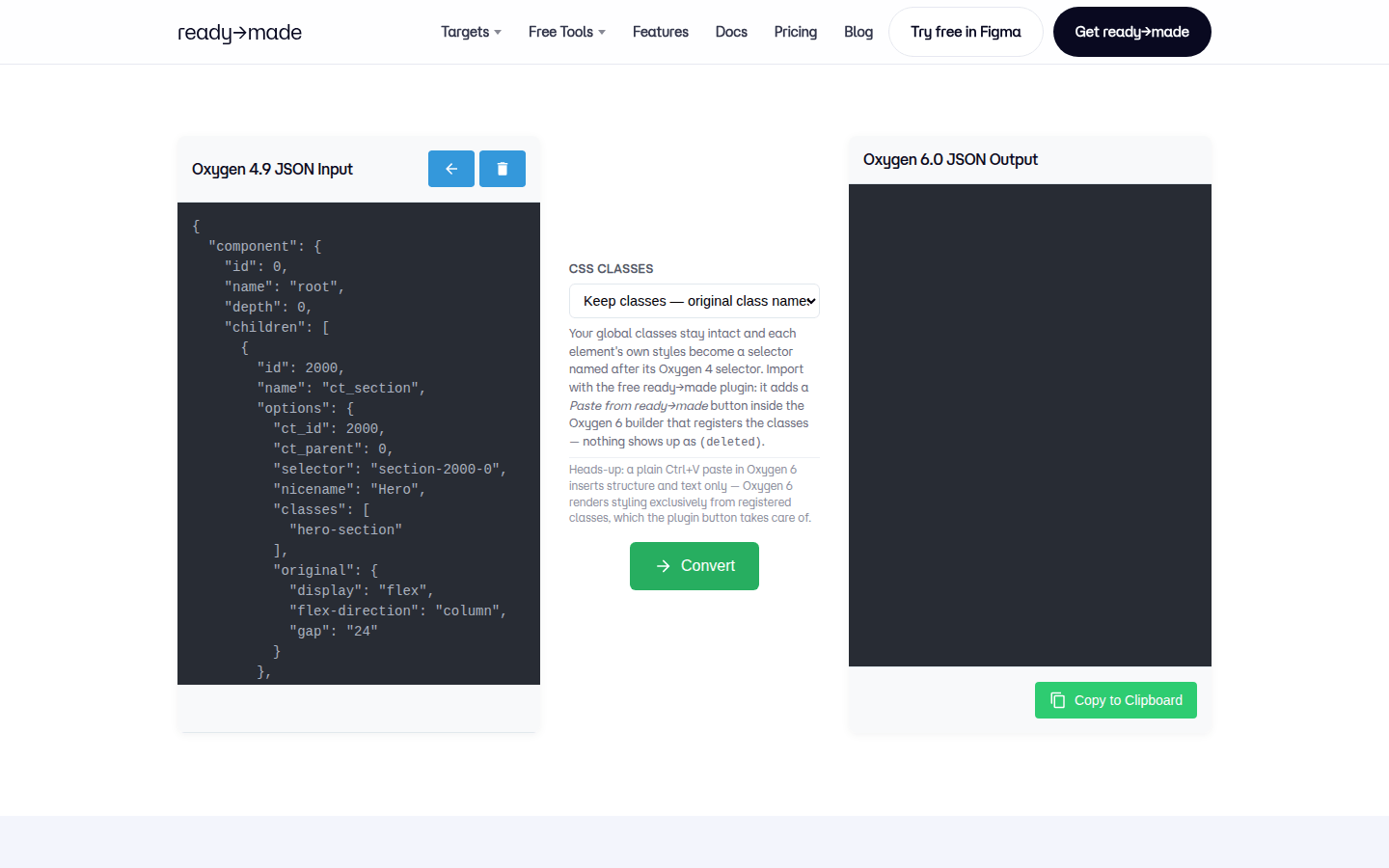 Converter page with Oxygen 4 JSON pasted and the CSS classes option visible