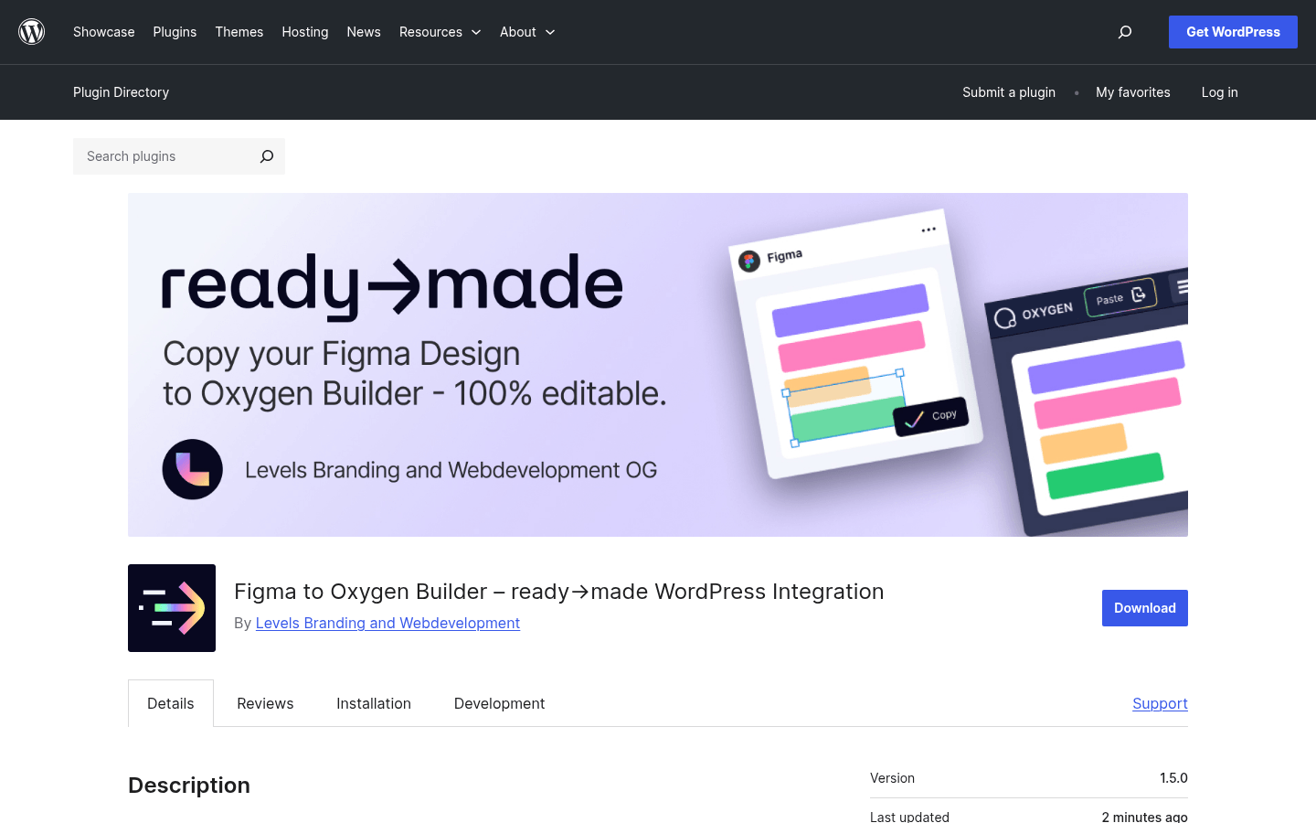 The ready→made WordPress integration plugin page on wordpress.org