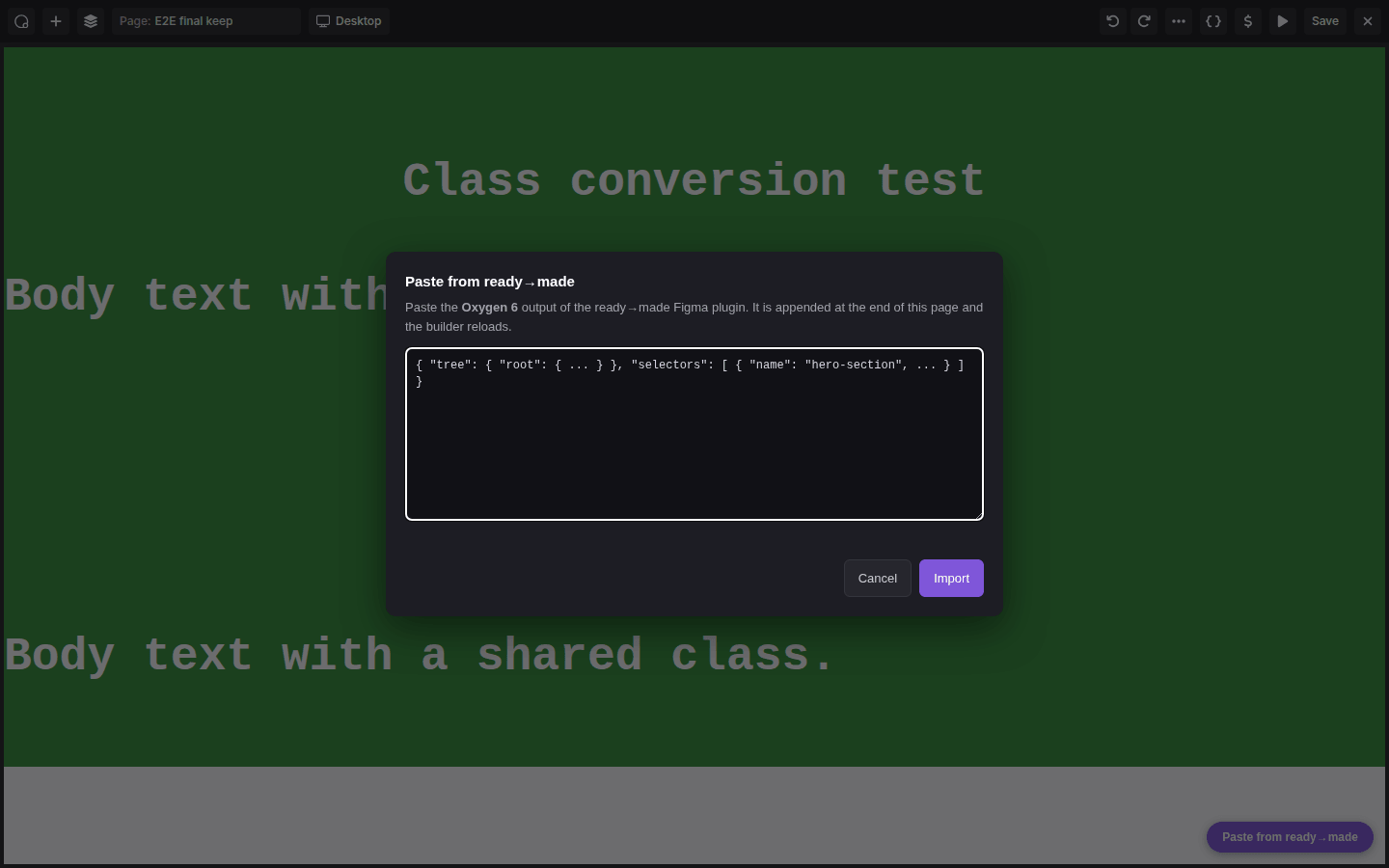 Oxygen 6 builder with the Paste from ready→made dialog open