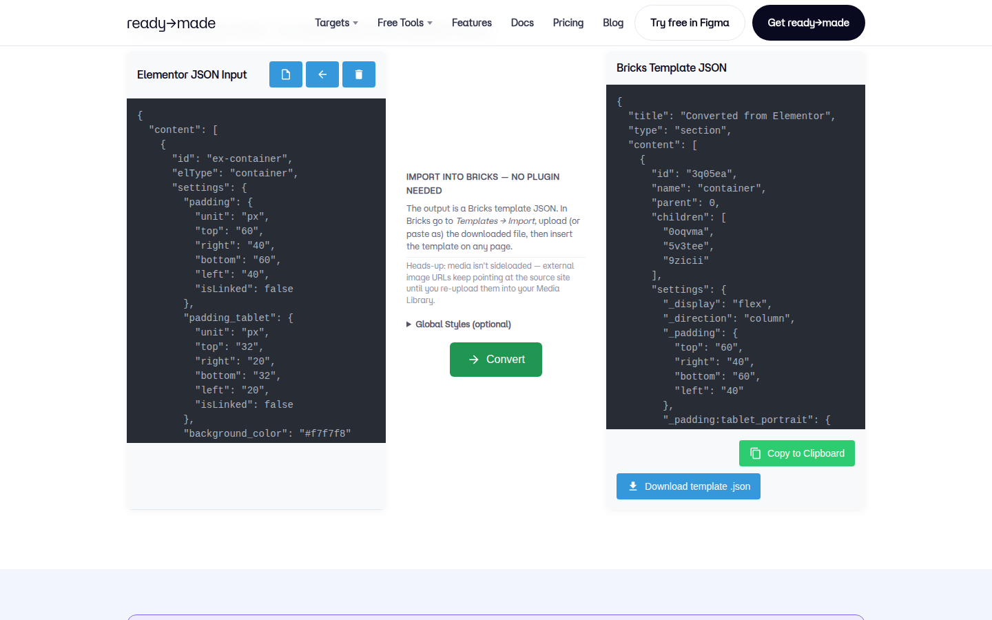 The wpconverters.com Elementor to Bricks tool after clicking 'Try an example': the left panel holds the source Elementor JSON (a container with heading, text-editor and button widgets, incl. tablet padding and background color), the right panel shows the converted native Bricks template JSON. Convert button and import notes in the center.