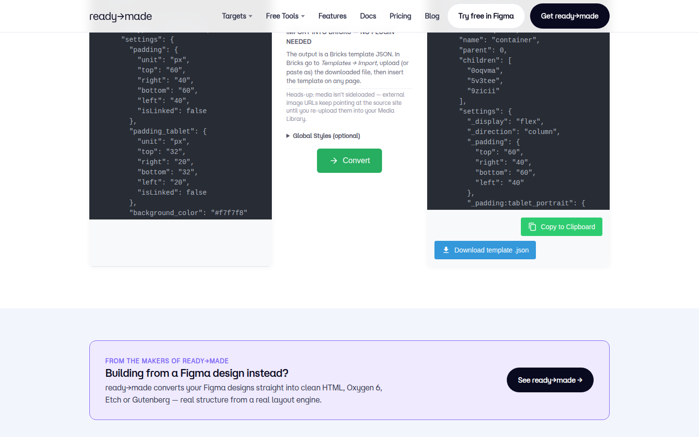 Output side of the converter: the generated Bricks Template JSON (title 'Converted from Elementor', flex column container with child heading/text-basic/button elements), plus the on-page conversion/import notes ('IMPORT INTO BRICKS - NO PLUGIN NEEDED', Templates > Import, media-not-sideloaded heads-up) and the Copy to Clipboard / Download template .json buttons.