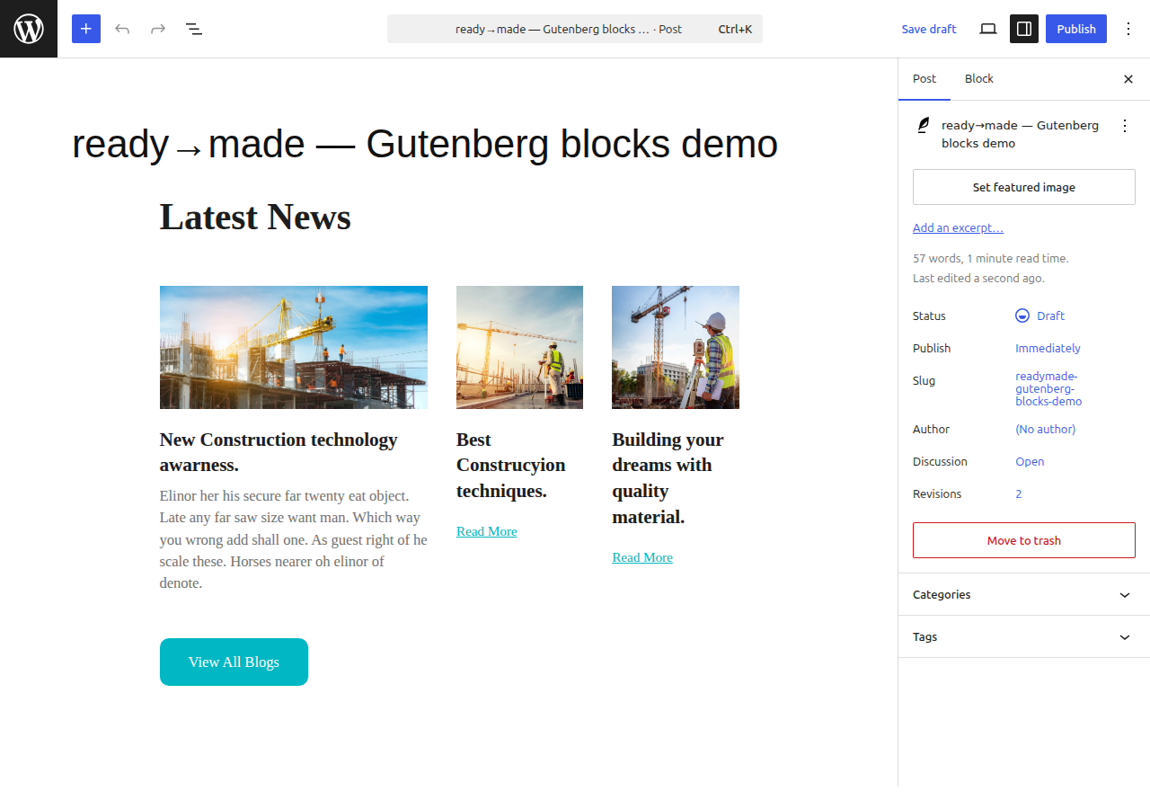The converted card grid open in the WordPress block editor as native Group, Row, Stack, Image, Heading and Paragraph blocks