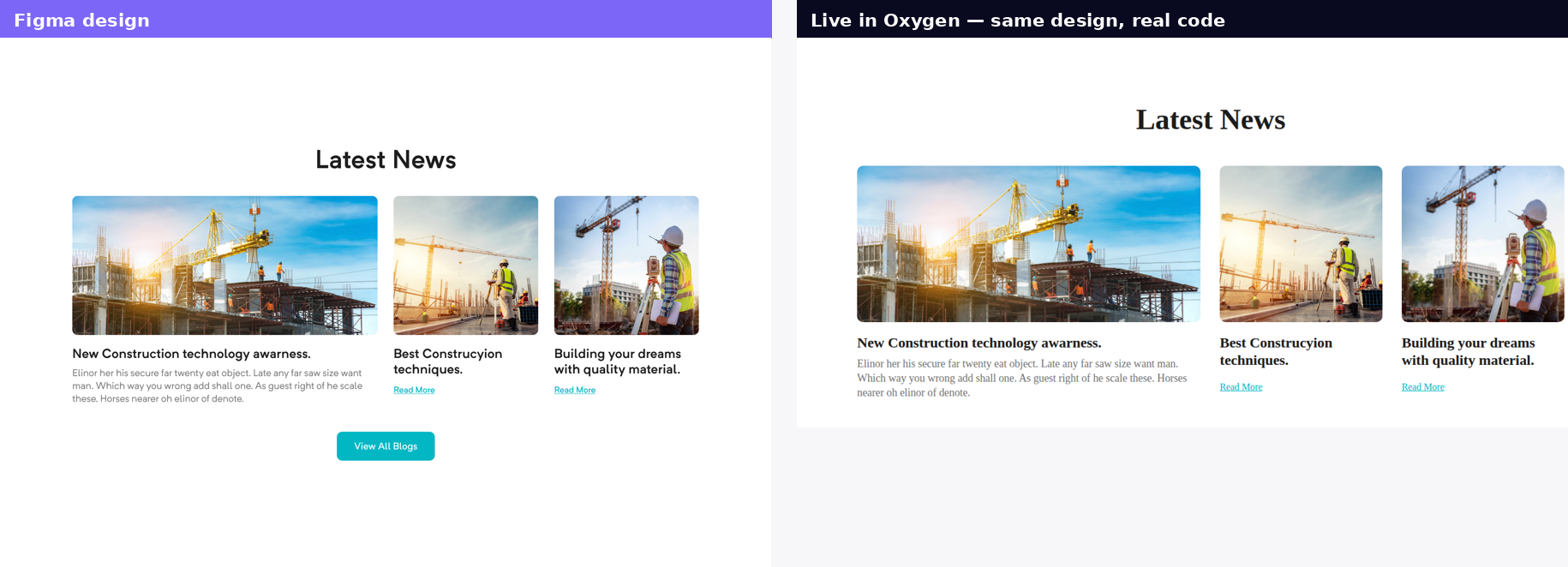 Side by side: a Figma card-grid design and the same section converted by ready→made, running live in an Oxygen WordPress site