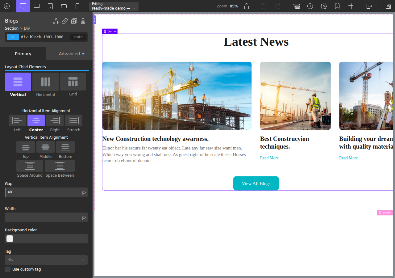 A ready→made-converted card grid open in the Oxygen builder, with a div block selected showing its native flex layout, gap and width controls