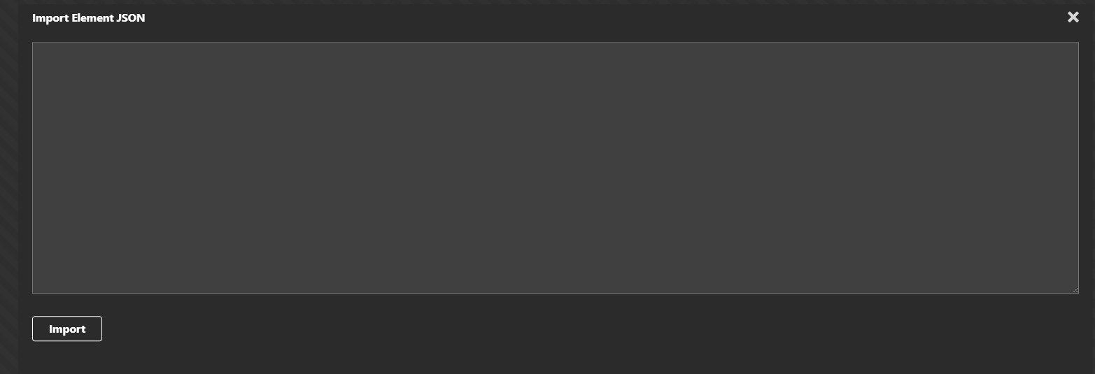 Oxygen Classic's Import Element JSON dialogue — a text box to paste exported JSON, with an Import button