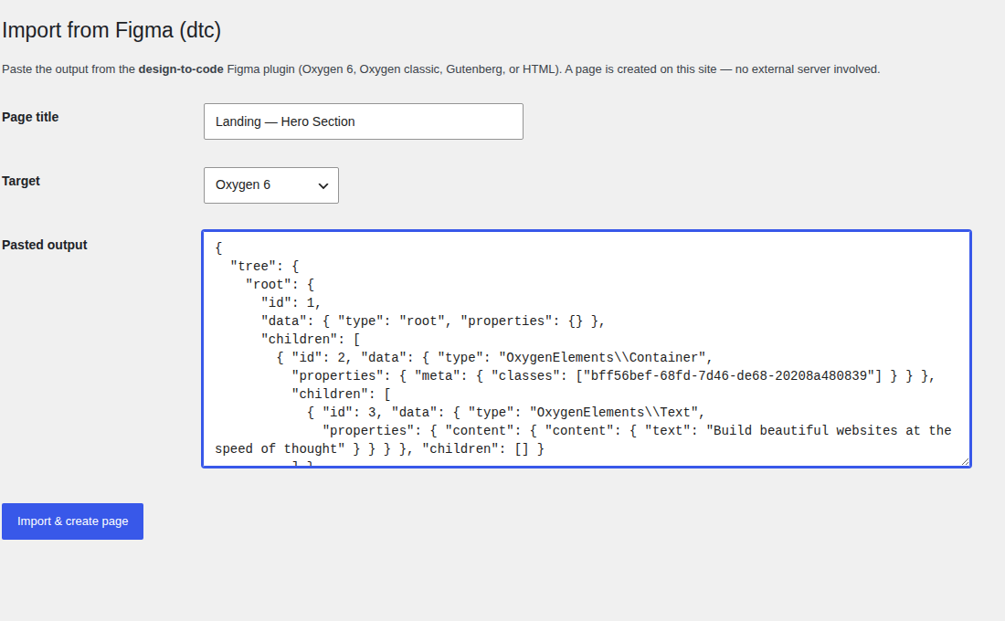 The readymade Import settings page: a Page title field, a Target dropdown set to Oxygen 6, a Pasted output box, and an Import & create page button