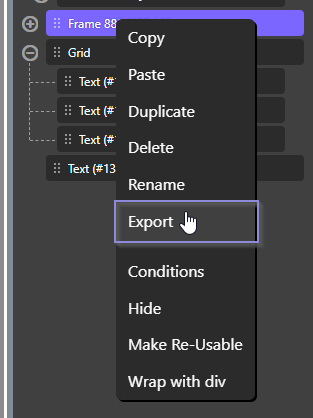 Export from Oxygen Classic Screenshot of Oxygen Classic Layer View. Context-Menu with "Export" button.