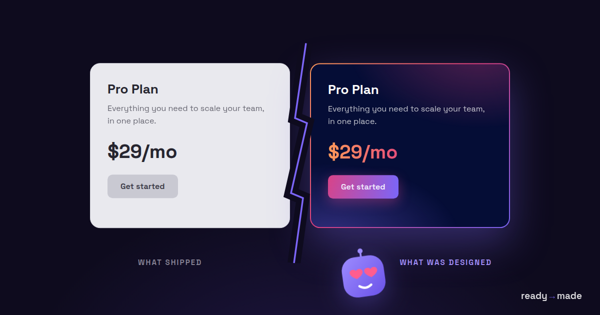 The same pricing card split in two, flat gray version versus designed gradient version, with mascot