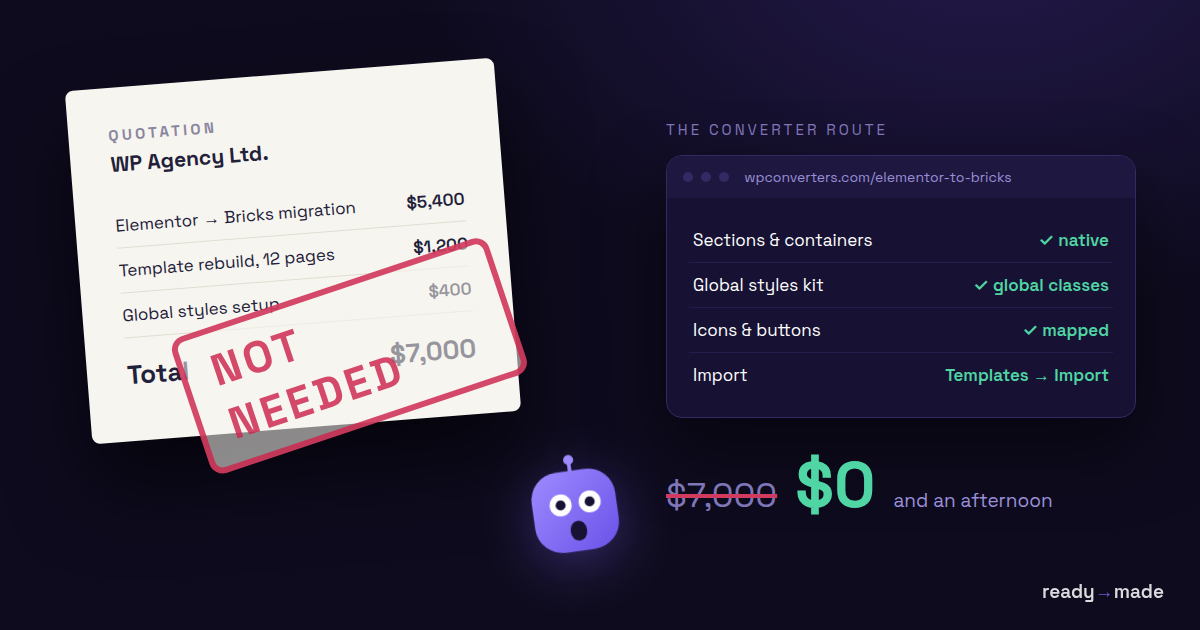 A 7000 dollar agency migration quote stamped not needed next to the free converter checklist